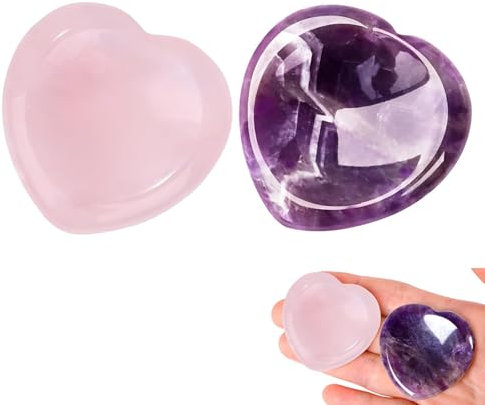 Amethyst and Rose Quartz Worry Stone Stress Relief Healing Crystals Gifts for Women Heart Meditation Polished Reiki Balancing (Purple Pink)