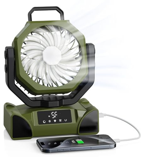 OUWANCH Ventilador de camping, 20000 mAh, USB, ventilador de mesa con luz, mando a distancia, ventilador oscilante con gancho colgante, 5 velocidades y temporizador, para tiendas de campaña, camping