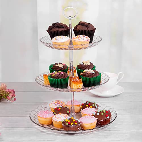 UNIQUE HOME LIVING 3-Tier Cake Stand, Afternoon Tea Birthday Wedding Party Server Plates, Embossed Plastic Fruit Dessert Cupcake Display Stand, Reusable Food Serving Platter
