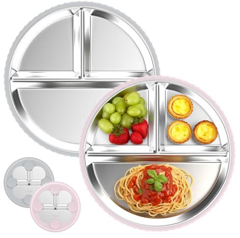 SonPen 2 Stück Edelstahl Baby Teller mit Saugnapf, Sturzsicher Kinderteller mit Entfernbarer Silikon Hülle, Babyteller mit Saugnapf Spülmaschinenfest Geteilte, Ungiftig und BPA-frei (Grau Rosa)