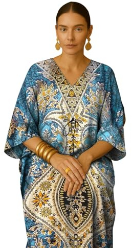 PMOYO Women Kaftan Tunic Long Kaftan, Bohemian Design Maxi Dress Kimono Style, V-Neck Drawstring Waist Casual Dress, Loungewear, Nightwear, Beach Cover Up Free Size, mumu Dress