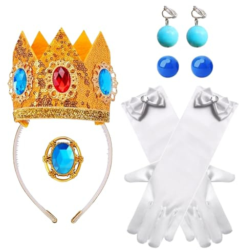 XDGBGFN Kostümzubehör für Pfirsichprinzessin, 5-teiliges Set mit Kronen-Zubehör-Set mit Handschuhen, Krone, Brosche, Ohrstecker, Ohrclips für Halloween, Party, Cosplay, Verkleidungszubehör