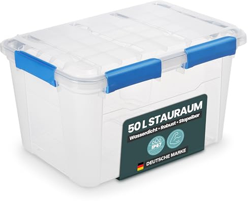 Kreher® Aufbewahrungsbox 50 Liter mit Deckel – wasserdicht & staubdicht, transparent & stapelbar, BPA- & schadstofffrei, robuste Kunststoffbox mit Silikondichtung & 6 Clips (1, 50 Liter)
