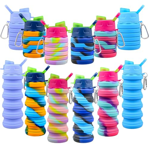 12 Pcs Collapsible Water Bottles for Kids, 500 ml Foldable Silicone Water Sport Bottle Bulk, Portable Reusable Leakproof Travel Camouflage Drinking Bottle for Travel Gym Camping Hiking Cycling Outdoor