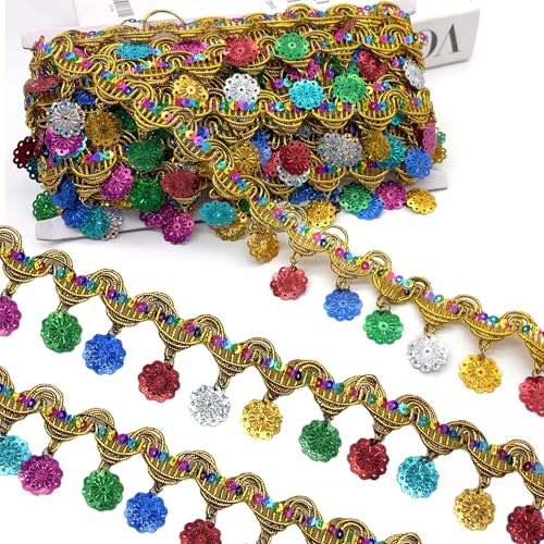 DHER 9 Meter langes Pailletten-Dekorband Paillettenband Glitzer | Paillettenband Paillette Trim Bänder Pailetten Bordüre Stoff Paillettenbesatz glitzerndes (Gold + farbige Quasten)