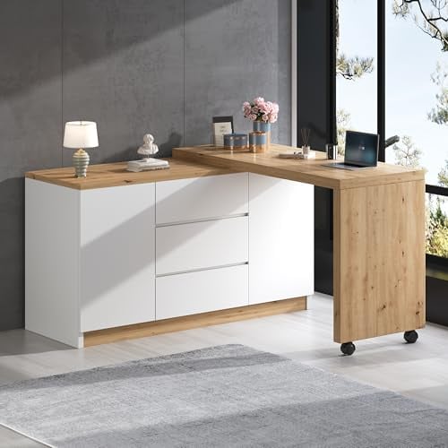 Merax L-förmiger Schreibtisch mit Rollen, dreh & klappbarer Computertisch, 4 cm Dicke Tischplatte, Eckschreibtisch oder Sideboard, mit 3 Schubladen & 2 Türen, Weiß & dunkle Holzfarbe