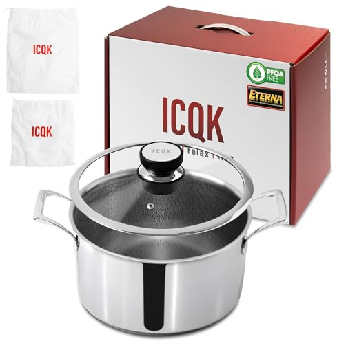 ICQK Pentola Antiaderente Triplo Strato (Acciaio Inox + Alluminio) Diametro Ø 20 cm, CON COPERCHIO, Antigraffio, NO PFOA, Per Piano Cottura Induzione, Ceramica, Elettrico, Gas, Forno