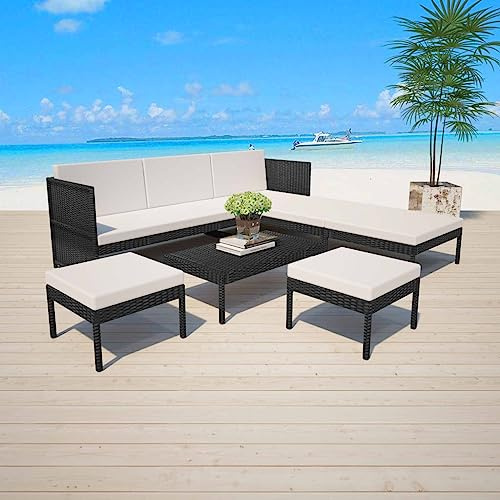 QJBSAVVA 6-teiliges Rattan-Gartenmöbel-Set 180x58x58 cm Schwarz mit cremeweißen Auflagen, Couchtisch & Ottomanen, Stahlgestell