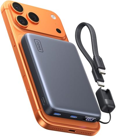INIU for MagSafe Power Bank, Dünnste 10000mAh Qi2 25W Kabelloses & 45W USB C Ultraschnelles Externe Akku, Magnetic Laden mit Kabel & LED Anzeige, Flugsichere Reise Gadget für iPhone 17-12 Serie