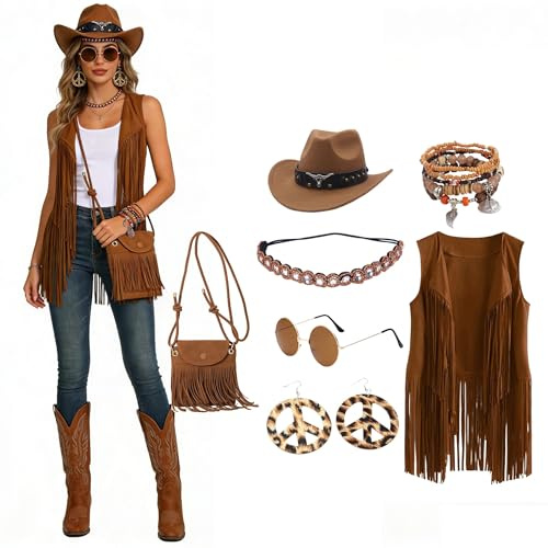 DaPongZhi Cowgirl Kostüm Damen Western Outfit Hippie Set Mit Fransenweste Weste Hippie Ohrringe Brille Armband Kleine Handtasche Halskette Mode 60er 70er Jahre Bekleidung Für Karneval Mottopartys