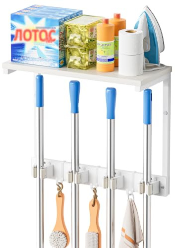 VINCOURNA Broom Holder Wall Mounted, Mop Hanger with 4 Slots 3 Hooks White | Brush Holders with Cleaning Organiser Shelves, Utility Room Storage Solutions for Laundry Room Garage Single-Sided