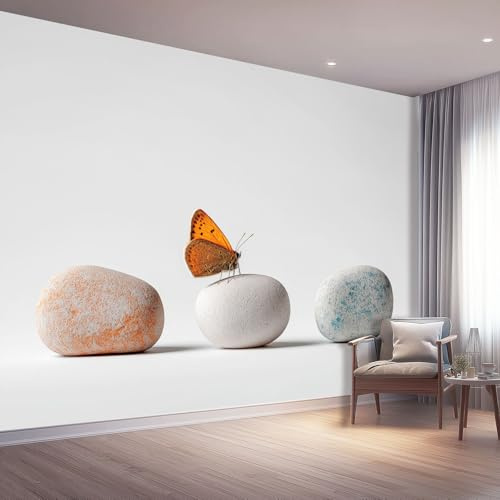 Vlies Fototapete 200 x 140 cm（WxH, Tapete Gräulich-Weiß Tapeten Vliestapete Wohnzimmer Schlafzimmer - Minimalismus Schmetterlinge Steine Wandtapete Ornamente Mustertapete