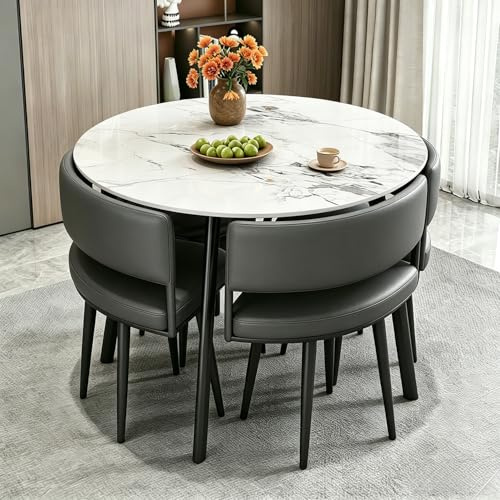 VTELGT Runder Esstisch mit 4 PU-Leder Stühlen - Essgruppe 5-Teilig, Küchentisch Set für 4 Personen Platzsparend für Küche Esszimmer Wohnzimmer Marmoroptik - Weiß