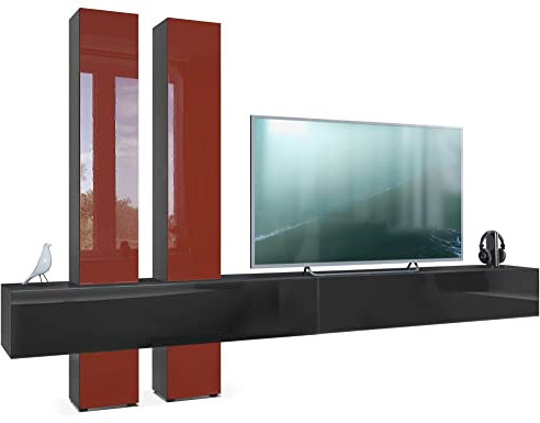 Vladon Wohnwand Moja, Made in Germany, Schwarz matt & Schwarz/Bordeaux Hochglanz - Moderne Anbauwand für Ihr Wohnzimmer (BxHxT) 330 x 204 x 39 cm