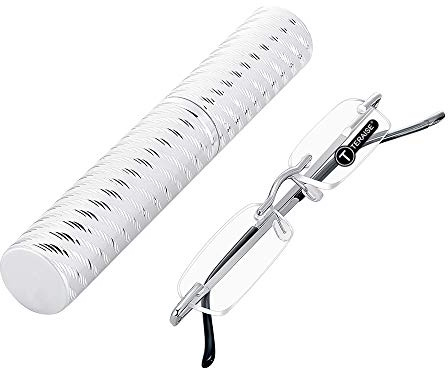 TERAISE Upgrade Lightweight Reading Glasses Frameless Readers clear lens | Men Women with Pen Clip Tube Case Portable Stylish Rimless for All Day Great for Reading Not Blocking Your View Half Lens