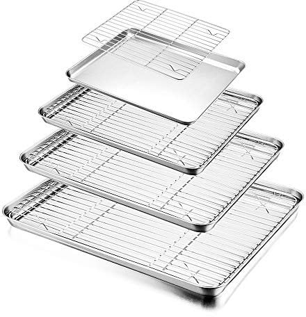 HaWare Lot de 8 plaques de cuisson avec grille (4 feuilles + 4 grilles), 100 % acier inoxydable, plaque de four grille-pain avec grille de refroidissement, non toxique et sain, antirouille et passe au