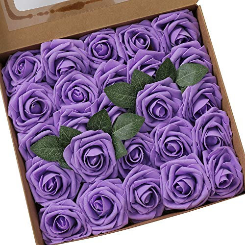 Künstliche Rosen Blumen Schaumrosen Foamrosen Kunstblumen Rosenköpfe Gefälschte Kunstrose Rose DIY Hochzeit Blumensträuße Braut Zuhause Dekoration (25 Stück, Lila)