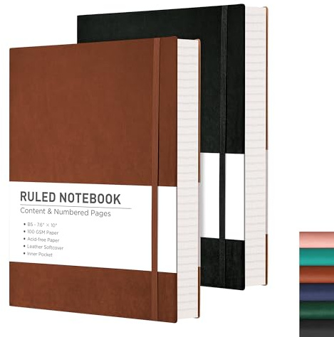 RETTACY 2er Pack Notizbuch B5 Liniert Softcover, großes Tagebuch mit PU Leder, 100 g/m² Dickes Papier, 408 Nummerierten Seiten, Haftnotizen, 19 x 25 cm(Schwarz,Braun)