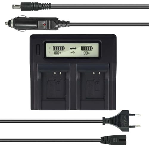 Dual Akku-Ladegerät kompatibel mit Pentax DLi-78, D-Li78, D-Li92, DLi-92 - mit USB-Anschluss, LCD-Display und Kfz-Ladekabel - Schnellladegerät