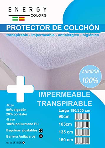 Protector Colchón Impermeable Rizo Algodón 90% Esquina Elástica Ajustable Transpirable (135_x_200_cm)