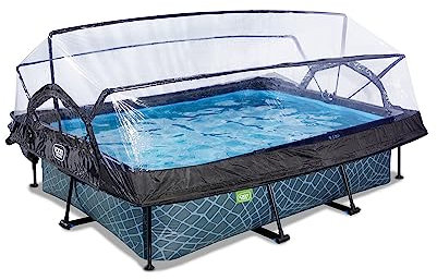 EXIT TOYS Piscine Tubulaire Stone avec Dôme Multifonctionnel - 220x150x65cm - Piscine Hors Sol Rectangulaire avec Pompe Filtrante - Entrée Basse - pour l'eau de la Piscine Propre et Chaude - Gris