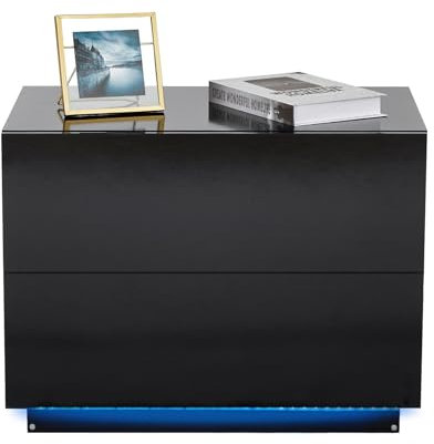 Meerveil Nachttisch, LED Hochglanz Nachttisch mit 2 Schubladen 60x39x45cm mit USB Lampe für Schlafzimmer und Wohnzimmer (Schwarz)