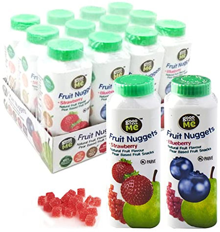 Goodness Me Fruit Nuggets Bottles 12 x 43g - Healthy Snacks for Kids - Vegan & Gluten Free - Made from Real Fruit Juice and Puree - Strawberry and Blueberry, 12-Pack