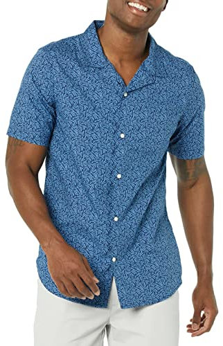 Amazon Essentials Men's Vacation Cotton Resort Shirt, Slim-Fit Short Sleeve, Navy Palm Leaf Print, Large