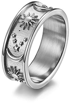 Stfery Edelstahlring Für Männer Sterne Mond Sonne Eboy Rings Silber Hochzeitsringe Paar zum Valentinstag, 54 (17.2)
