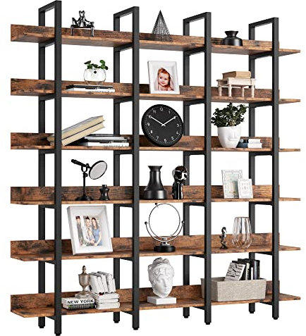 IRONCK Bookcase and Bookshelves Triple Wide 6 Tiers Large Open Shelves, Etagere Bookcases with Back Fence for Home Office Decor, Easy Assembly, Vintage Brown
