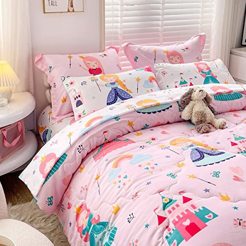 Wajade Bettwäsche-Set für Kinder, Prinzessinnen-Stil, Bett in einer Tasche, 7-teilig, Prinzessinnen-Märchen-Schloss, 1 Spannbetttuch, 2 Kissenbezüge und 2 Kissenbezüge)
