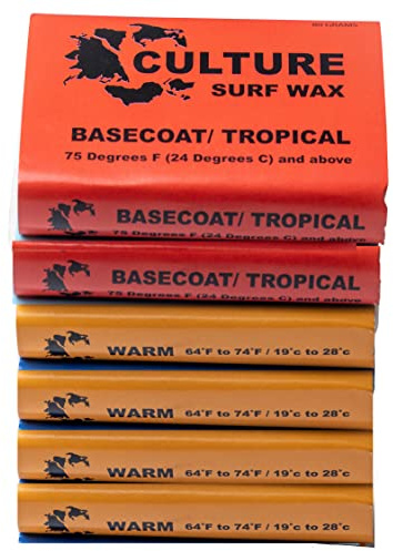 Culture Supply Surfboard Wax ~ 80g Bars | 6-Packs and 84 bar Cases | Tropical/Base | Warm | Cool | Cold | Wax Comb Included (Warmer Water Combo, 6-Pack)