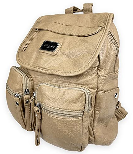 kennydoo moderner Damen Rucksack von Kumixi 160432 I weiches Leder Imitat, viele Fächer (khaki beige)
