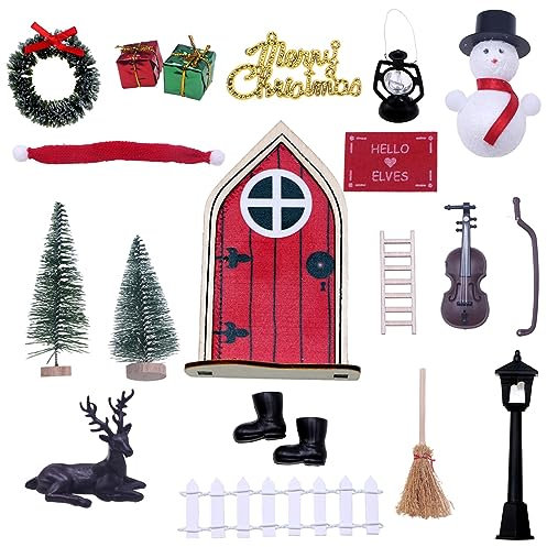 Wichteltür Zubehör Weihnachten Set, Wichteltür Zubehör Set Weihnachten, Weihnachtswichtel Tür Set, Holz Wichtel Tür, mit Miniatur Briefkästen, Zäun, Leiter, Stiefel, Kranz, Feentür Set (20pcs)
