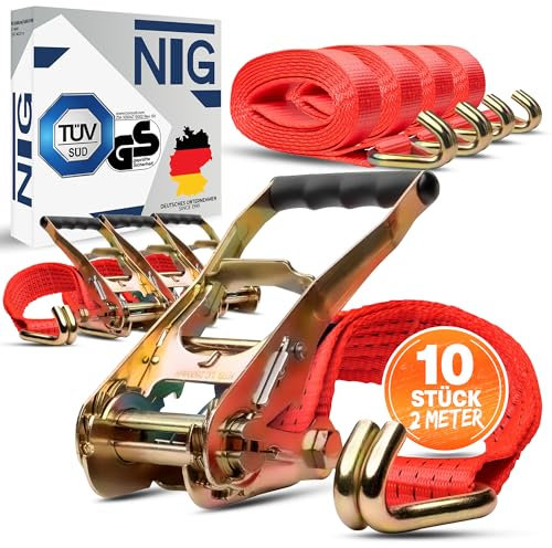 Spanngurte | Zurrgurte | 2m | 5t (2500/5000 daN, KG) Zweiteilig | 50mm | mit Ratsche und Haken | Ratschengurte | TÜV/GS geprüft (10 Stück)