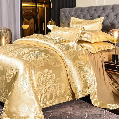 Tospass Satin Bettwäsche 135x200 Gold Microfaser 2Teilig Jacquard Stickerei Prozess Blumen Bettwäsche-Sets - 1 Bettbezüge 135x200 und 1 Kissenbezüge 80x80 mit Reißverschluss