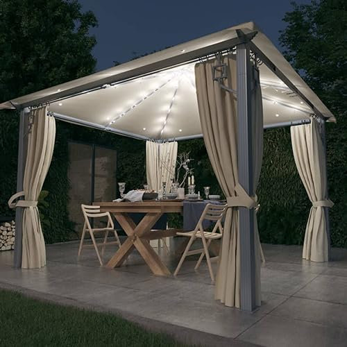 GuyAna Pavillon mit Vorhängen & LED-Lichterkette Pavillon Beleuchtung Partyzelt Gartenpavillon Pavilliondach Gazebo Canopies 300x300 cm Creme Alu
