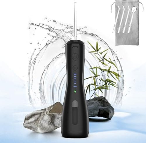 Water Flosser [kabellos tragbar] 6 Modi und IPX7 wasserdicht Munddusche Water Zahnreiniger Zahnseide Pick, Wasserflosser für den Heimgebrauch für Zahnspangen, Brücken/Zahnfleischpflege. (Schwarz)