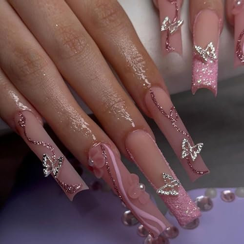 24pcs Extra Long Coffin False Nails - French Tip, Glitter Pink, Butterfly Rhinestone, Removable Glue-on, Full Cover Ballerina Fake Nails - Women's Brides Nail Art Accessories