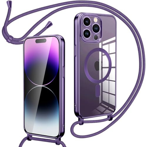 Oelrstfe Magnetische handyband mit Band für iPhone 14 Pro Hülle - Necklace HandyHülle Transparente zum Umhängen mit justierbarer und Abnehmbarer Kette, Crossbody Magnet Clear Cover - Violett