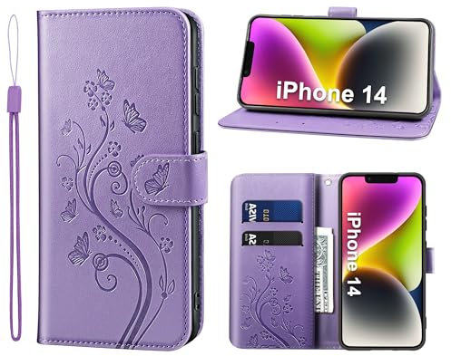 KRAFTCARE Handyhülle für iPhone 14 Hülle, für iPhone 14 Hülle mit Kartenfach Geld Slot Ständer Magnetic Closure, Flip Case Leder Schutzhülle Tasche Handyhülle für iPhone 14 Hülle, Lila