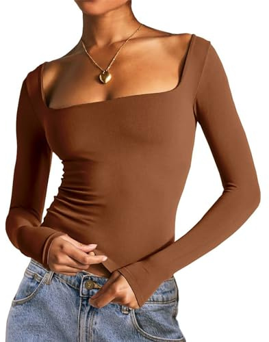 Women's Slim Fit Crop Tops Casual Solid Color Crew Neck Long Sleeve Tight T-Shirt Basic Blouse Tee Tops (WY-Brown, L)