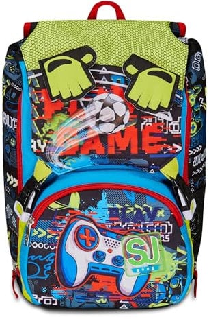 SJ GANG STYLE JAM GANG Zaino Scuola Estensibile, Nero Rosso, FunnyGoal, Zaino Doppio Scomparto Estensibile Tramite Zip Laterali, Tasca Porta Borraccia, Scuole Elementari e Medie, Bambino Ragazzo