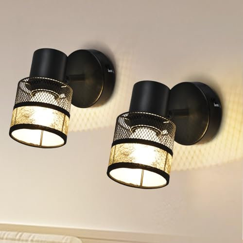 Glitzerlife Deckenstrahler 1 Flammig Schwarz Deckenleuchte 2er- Deckenlampe Flur Metall Vintage mit Gold Stoffschirm Deckenspot E27 LED Max.40W 330°schwenkbar für Wohnzimmer Schlafzimmer Küche Treppe