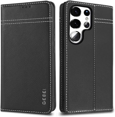 Hülle Echt Leder für Samsung Galaxy S24 Ultra 5G - Premium Lederhülle mit Standfunktion Kartenfach Flip Case Ledertasche Handyhülle Schutzhülle Klapphülle – Schwarz