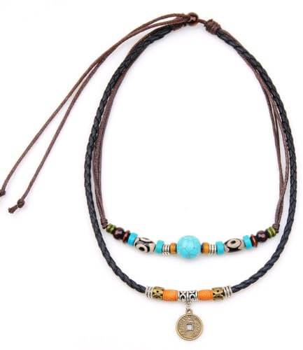 Carufin Turchese Collana Vintage Coin Pendant Collana Layered Collana Regolabile Cord di Cuoio Gioielli per le Donne e gli Uomini