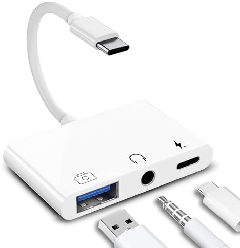 Gbformat 3 en 1 Adaptateur USB C Jack 3,5 mm, Type C vers Aux Jack Audio Ecouteur Multiport Splitter Adaptateur avec Port de Charge USB OTG, Compatible avec 15/15Pro/15ProMax/15Plus et Plus.