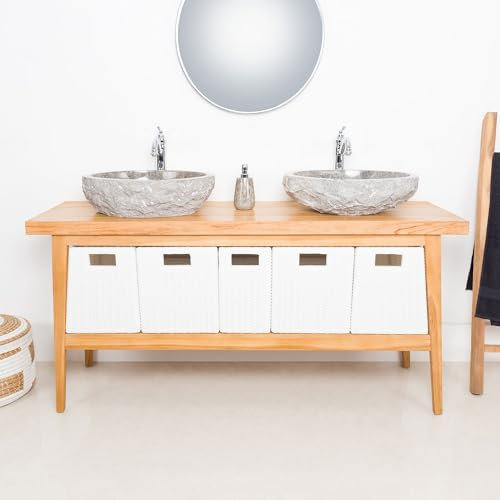 Wohnfreuden Teakholz Waschtischplatte Titin braun eckig 160 cm - Holzplatte lasiert Unikat Unterschrank für Doppelwaschbecken