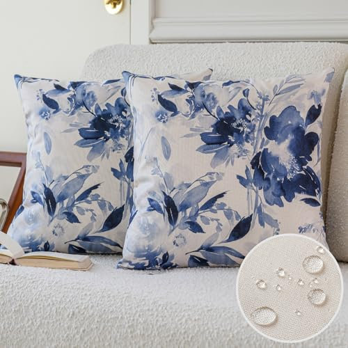 Vorysum Outdoor Kissen Wetterfest Kissenbezüge 50x50 cm Frühling Kissenbezug Abstrakt Retro Dekokissen Böhmen Sofakissen Blau Blumen Kissenhülle aus Polyster für Garten Sofa Bett 2 er Set