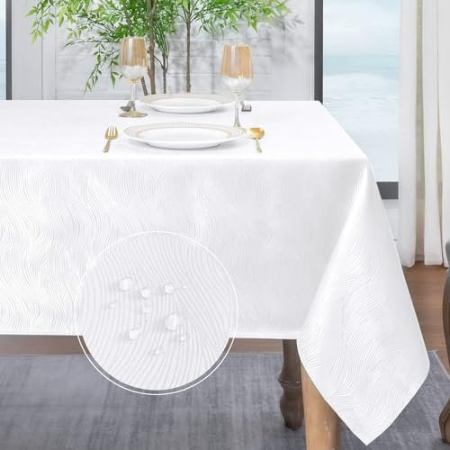 Softalker Tischdecke Weihnachten 140x240 weiß Abwaschbar Jacquard-Wellenmuster Wasserabweisend Abwischbar Fleckschutz rechteckig Tischtuch für Outdoor Garten Party Geburtstag Silvester Hochzeit